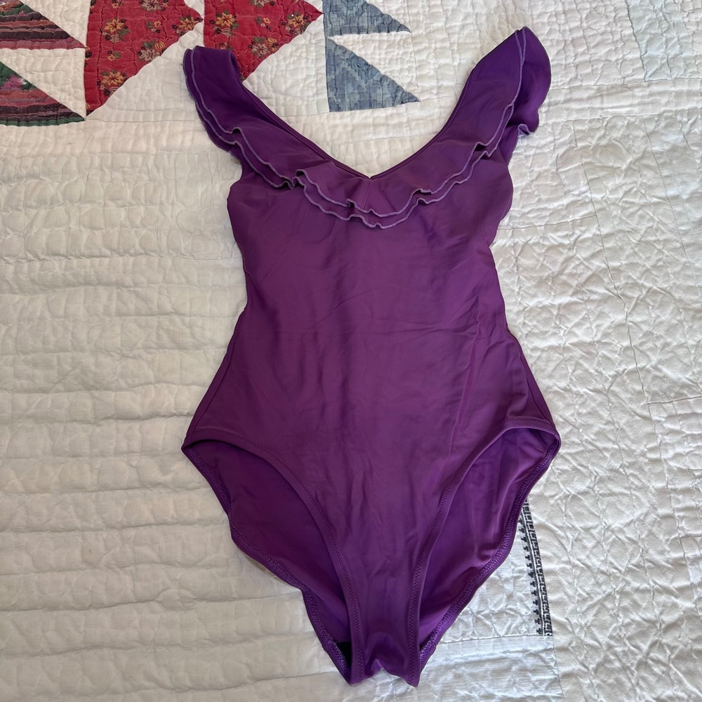 Lisa Curran One Piece Swimsuit Purple Ruffle V-Neck Size 8